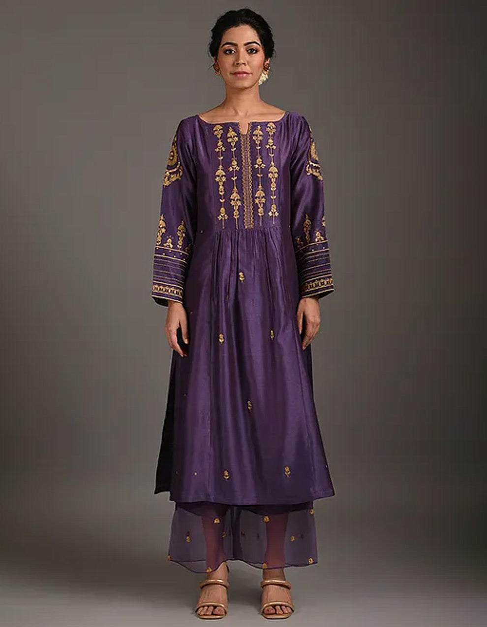Purple   embroidery chanderi silk kurta with silk pants - Set of 2