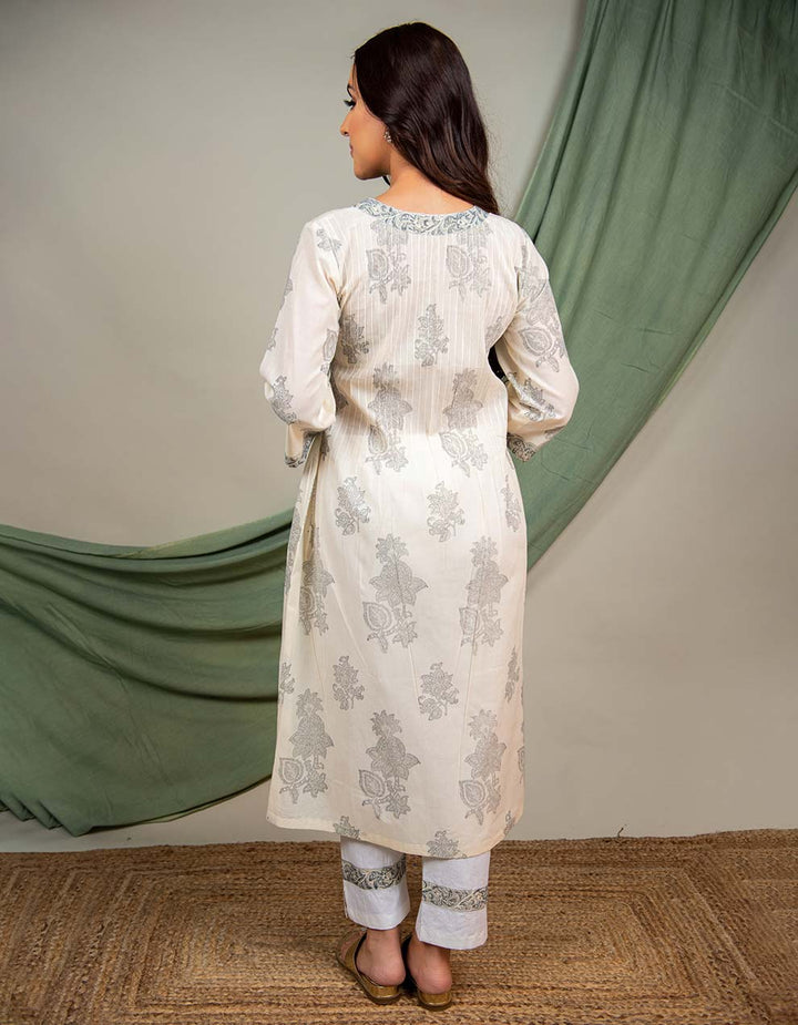Grey Cotton Printed Angrakha Kurta With Pants And Dupatta - Set Of 3