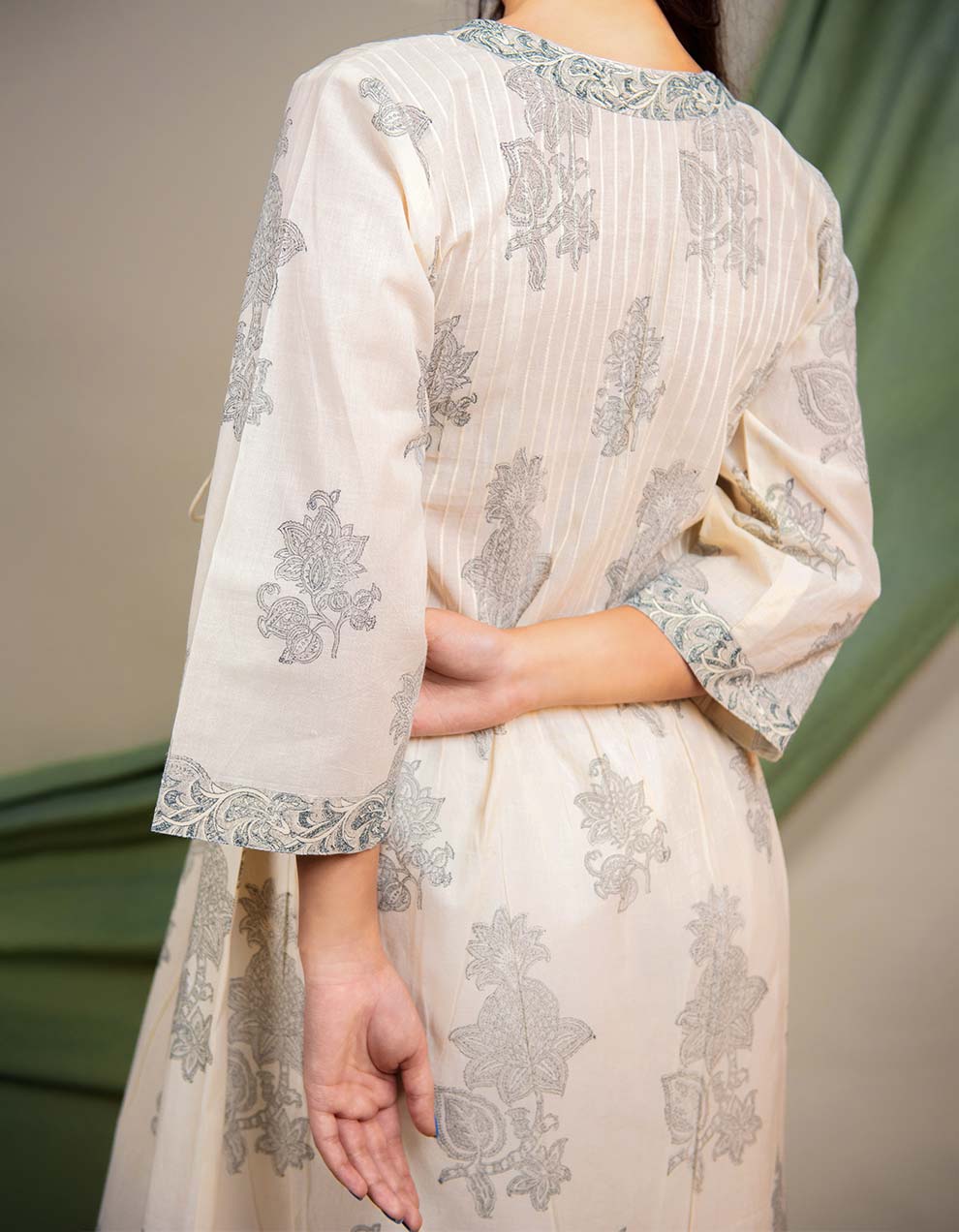 Grey Cotton Printed Angrakha Kurta With Pants And Dupatta - Set Of 3