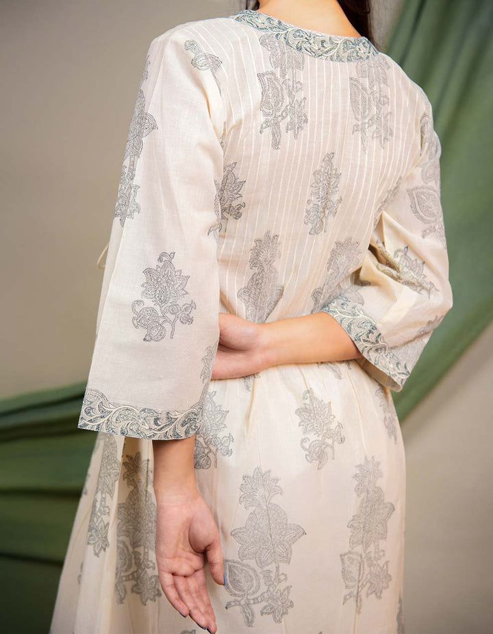 Grey Cotton Printed Angrakha Kurta With Pants And Dupatta - Set Of 3