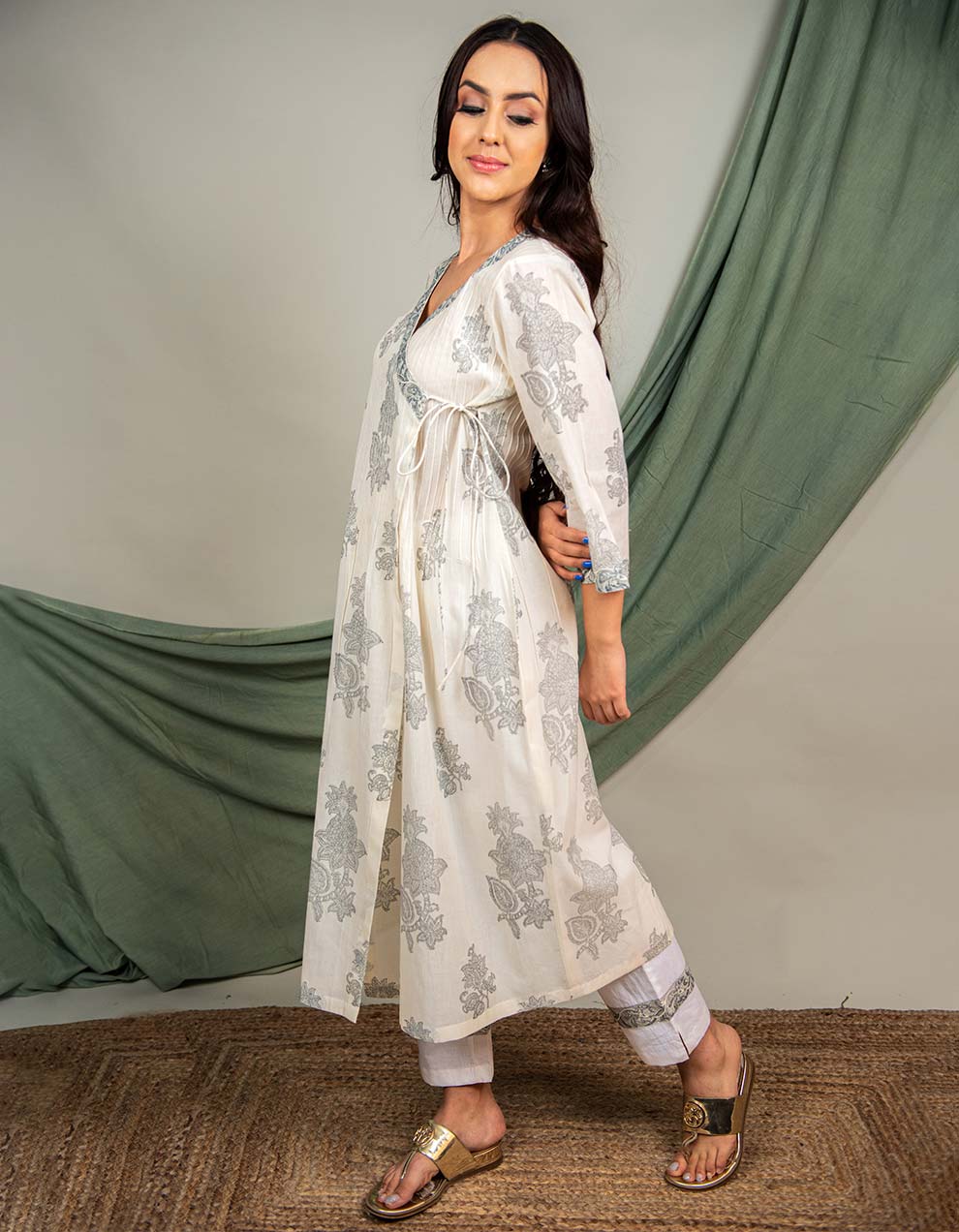 Grey Cotton Printed Angrakha Kurta With Pants And Dupatta - Set Of 3