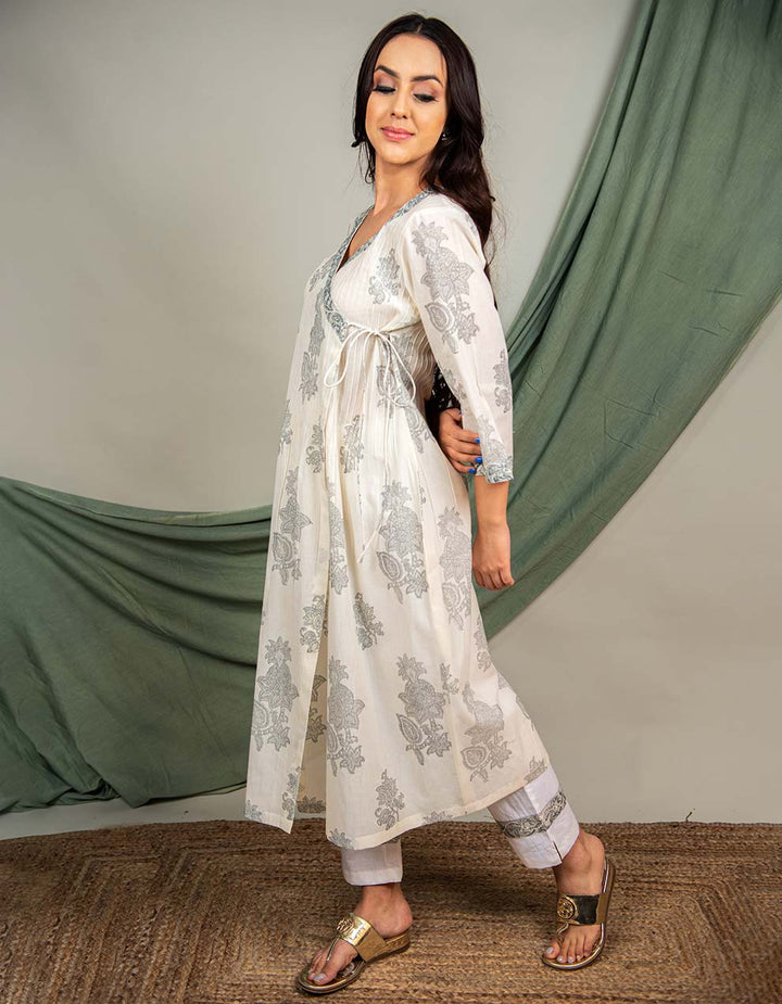 Grey Cotton Printed Angrakha Kurta With Pants And Dupatta - Set Of 3