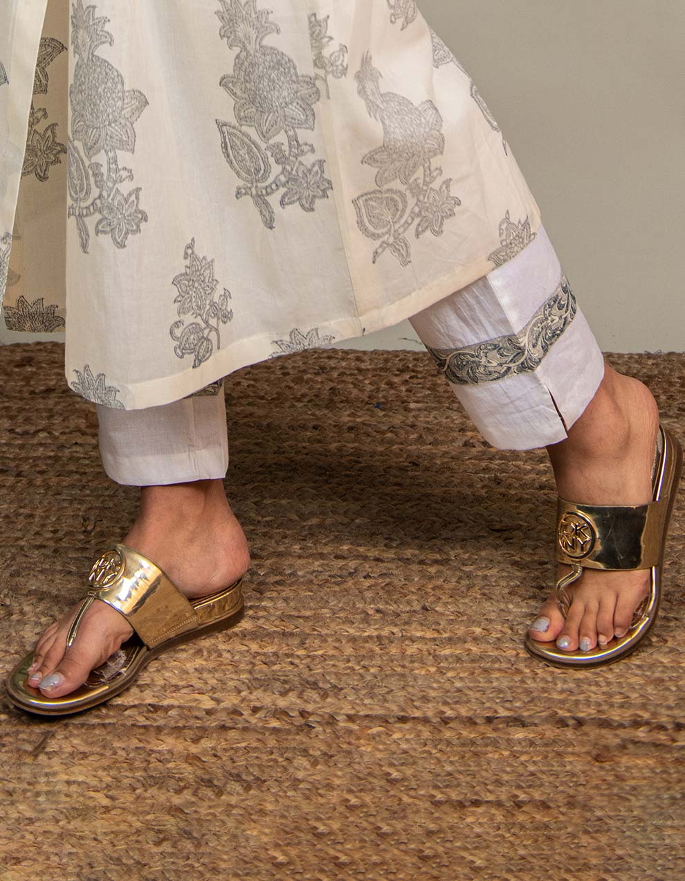 Grey Cotton Printed Angrakha Kurta With Pants And Dupatta - Set Of 3