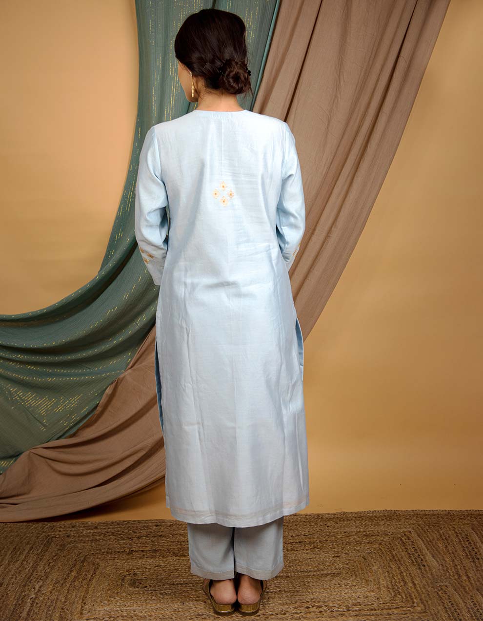 Powder blue embroidered chanderi silk kurta with pants and dupatta- Set of 3