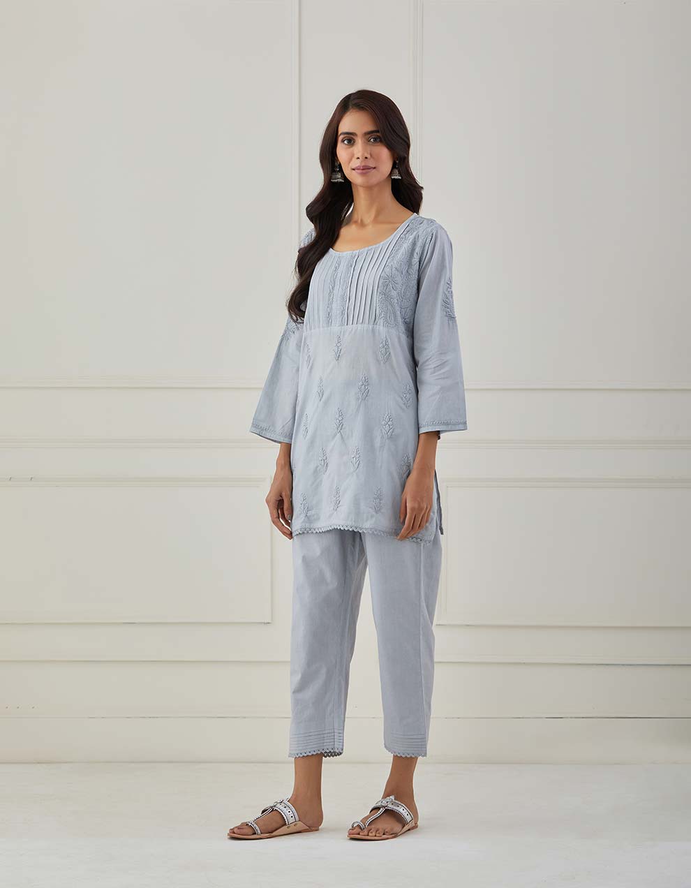 Grey chikankari cotton kurta with pants
