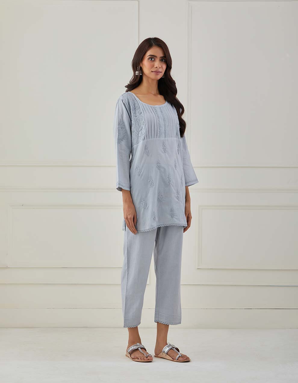 Grey chikankari cotton kurta with pants