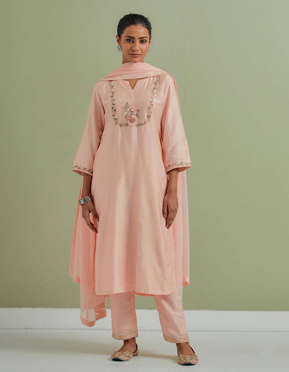 Peach Embroidered Chanderi Silk Kurta with Pants and Cotton Dupatta- Set of 3