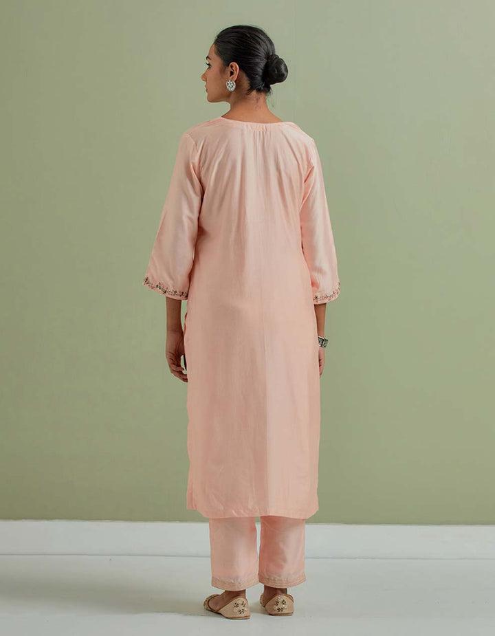 Peach Embroidered Chanderi Silk Kurta with Pants and Cotton Dupatta- Set of 3