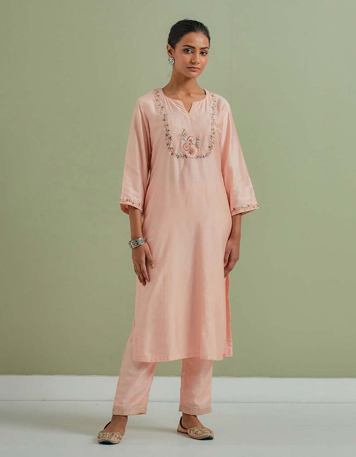 Peach Embroidered Chanderi Silk Kurta with Pants and Cotton Dupatta- Set of 3