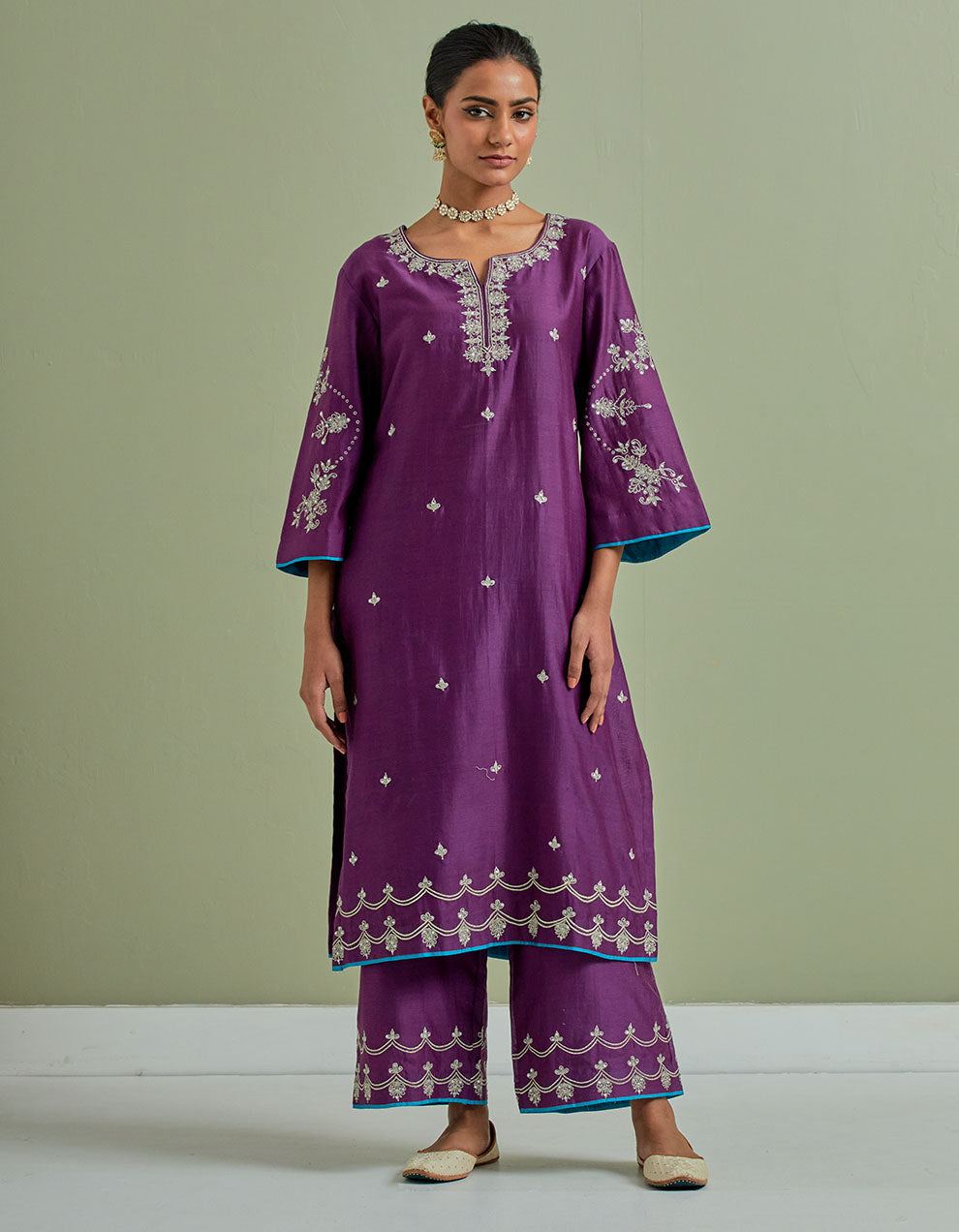 Purple embroidered chanderi silk kurta with palazzo and dupatta- Set of 3