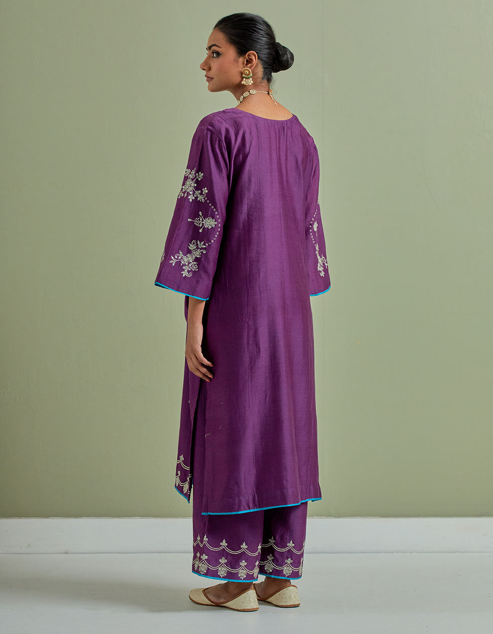 Purple embroidered chanderi silk kurta with palazzo and dupatta- Set of 3