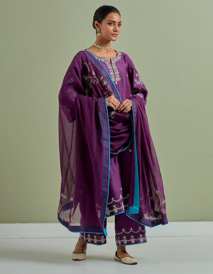 Purple embroidered chanderi silk kurta with palazzo and dupatta- Set of 3