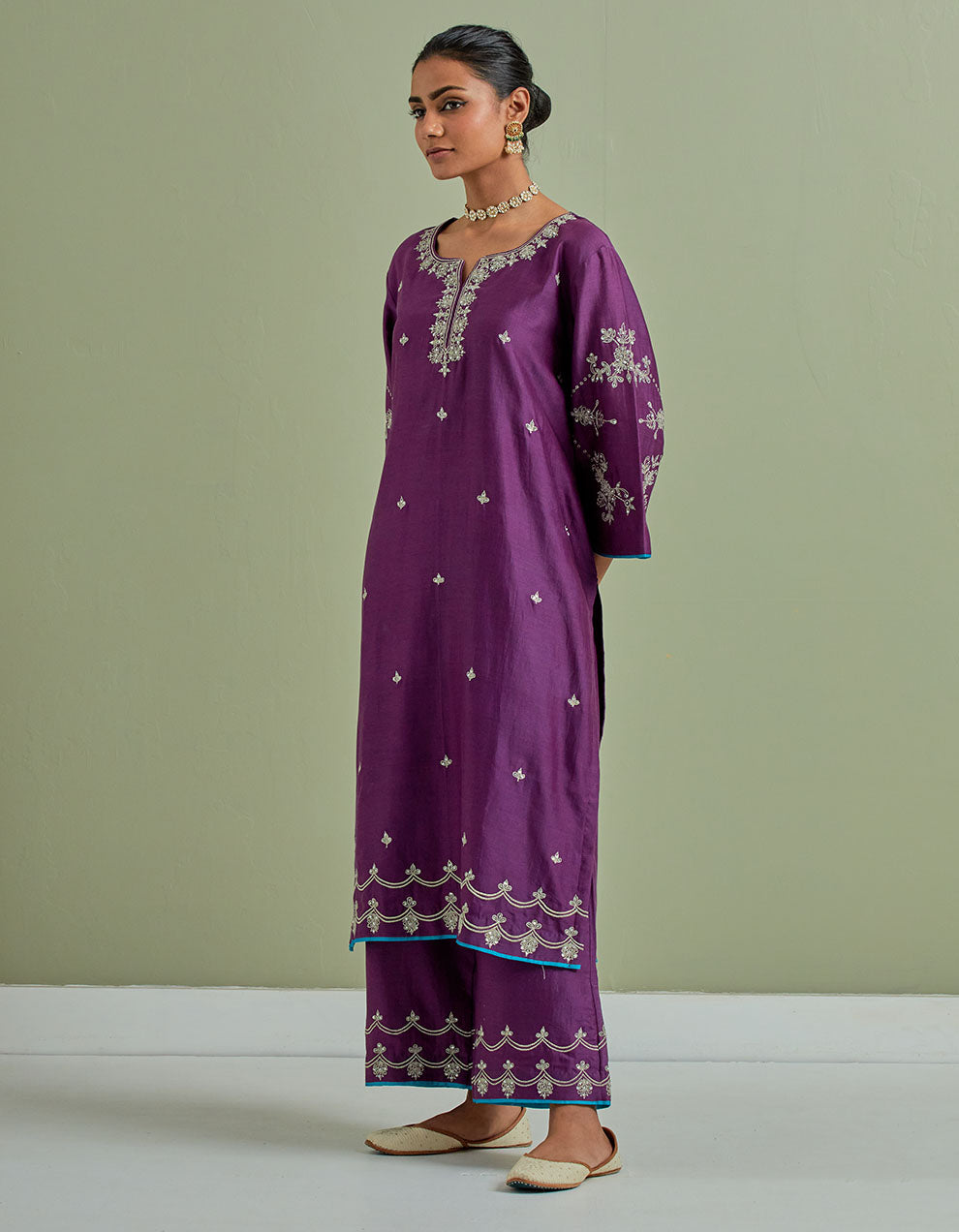 Purple embroidered chanderi silk kurta with palazzo and dupatta- Set of 3