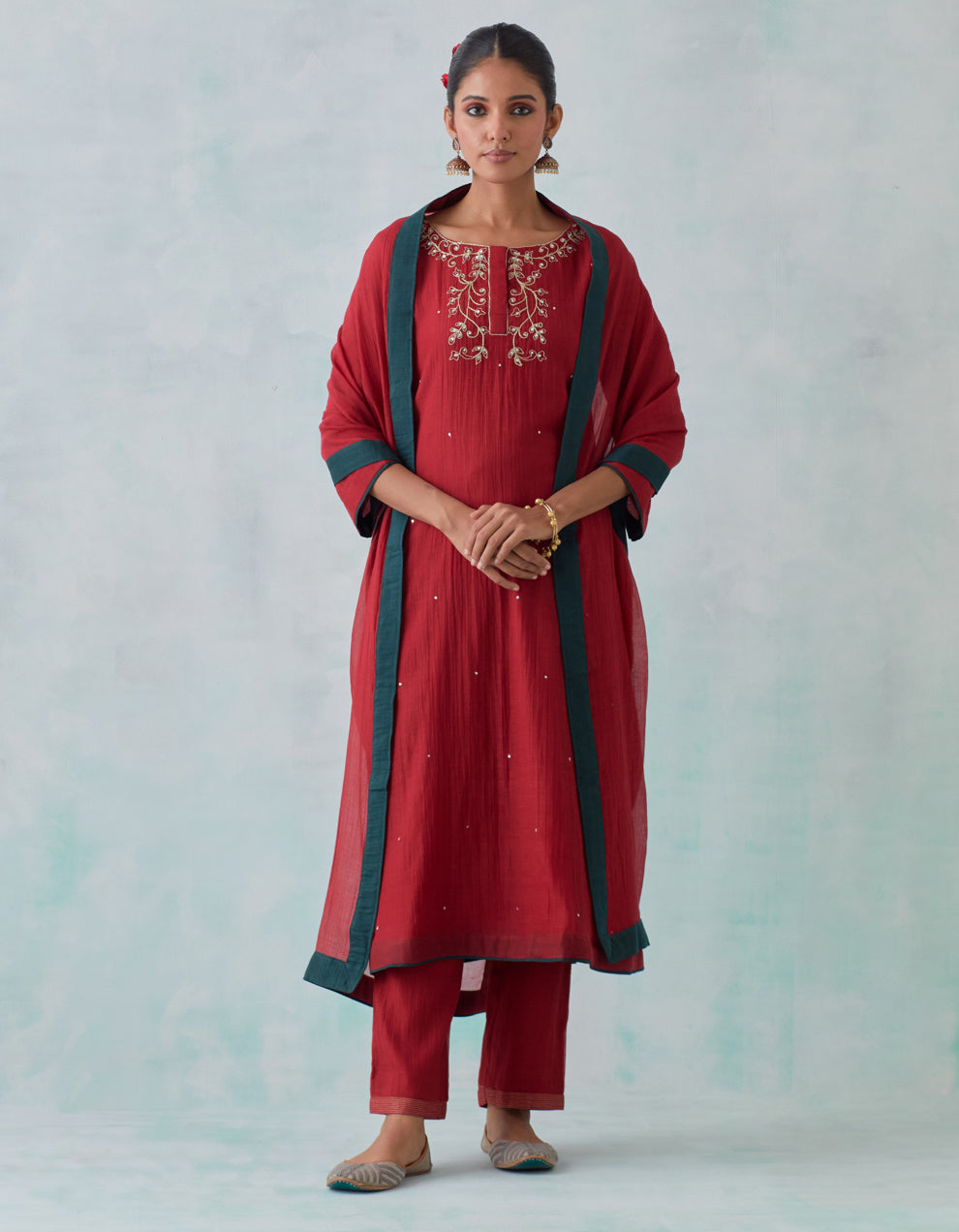 Maroon embroidered chanderi  kurta with cotton pants and chanderi dupatta- Set of 3
