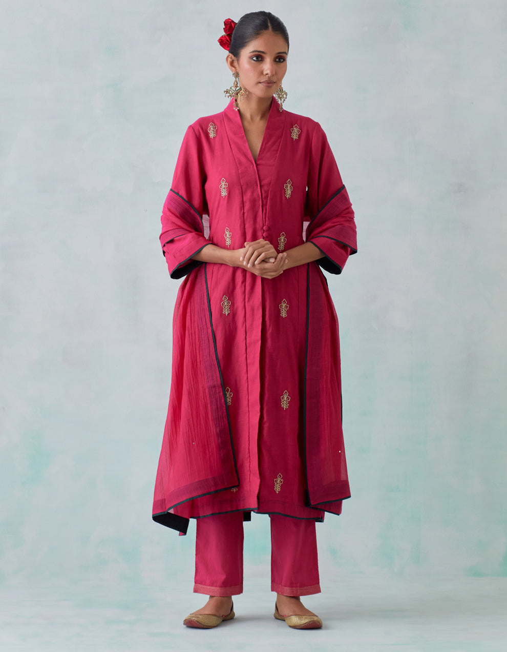 Magenta embroidered chanderi  kurta with cotton pants and chanderi dupatta- Set of 3