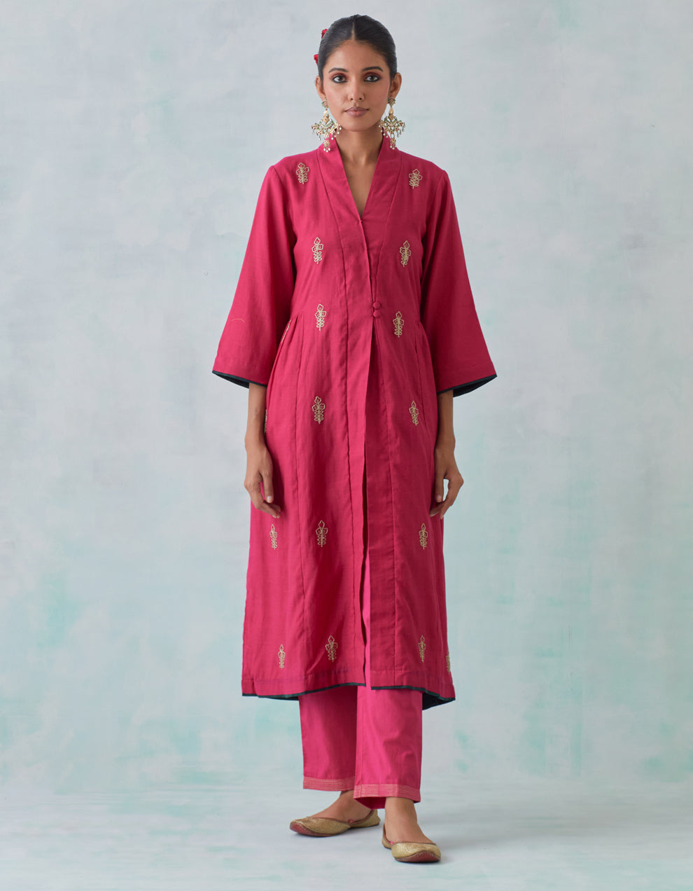 Magenta embroidered chanderi  kurta with cotton pants and chanderi dupatta- Set of 3