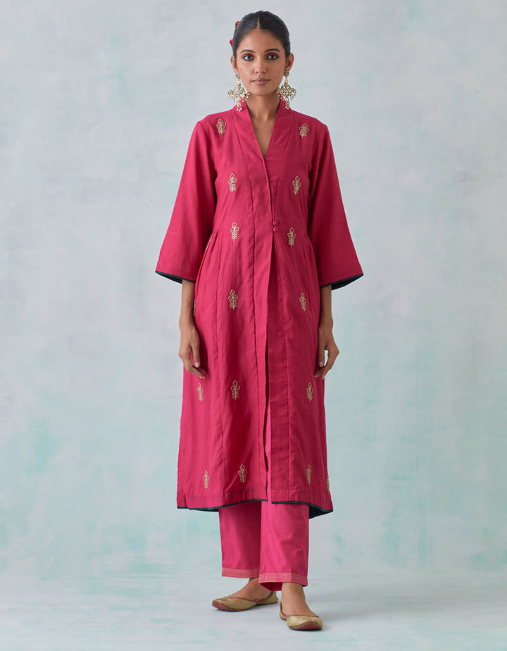 Magenta embroidered chanderi  kurta with cotton pants and chanderi dupatta- Set of 3