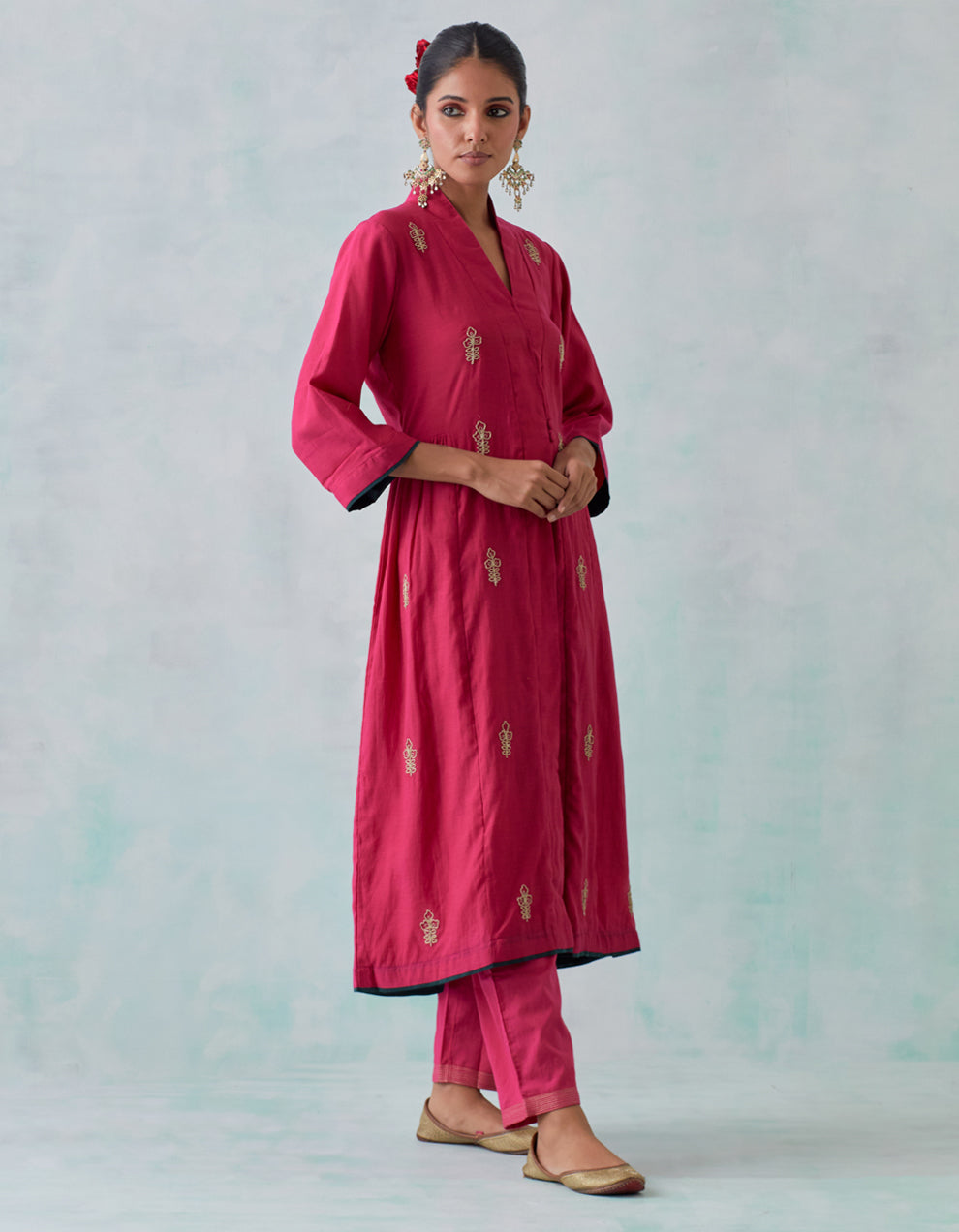 Magenta embroidered chanderi  kurta with cotton pants and chanderi dupatta- Set of 3