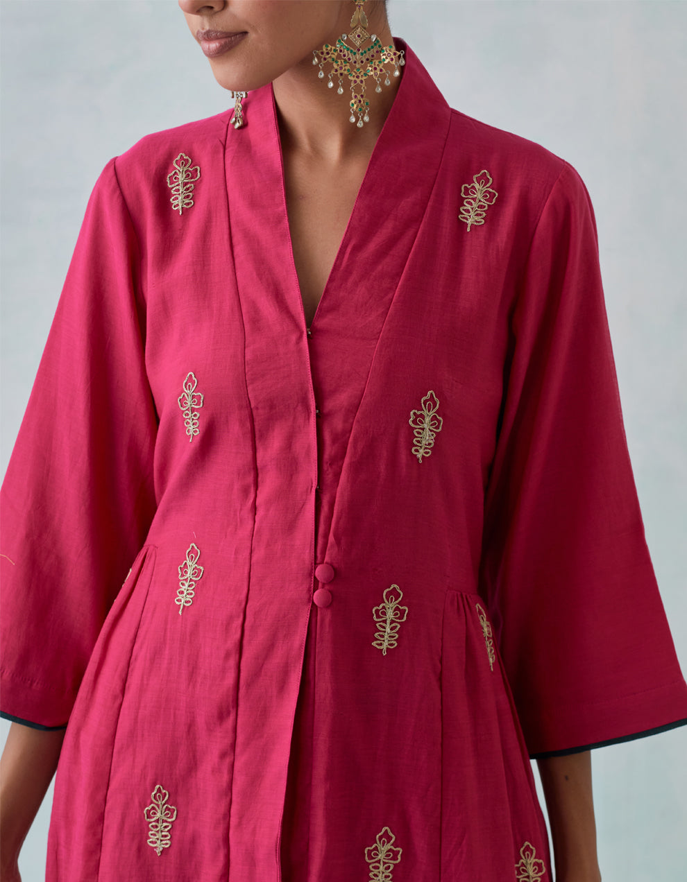 Magenta embroidered chanderi  kurta with cotton pants and chanderi dupatta- Set of 3