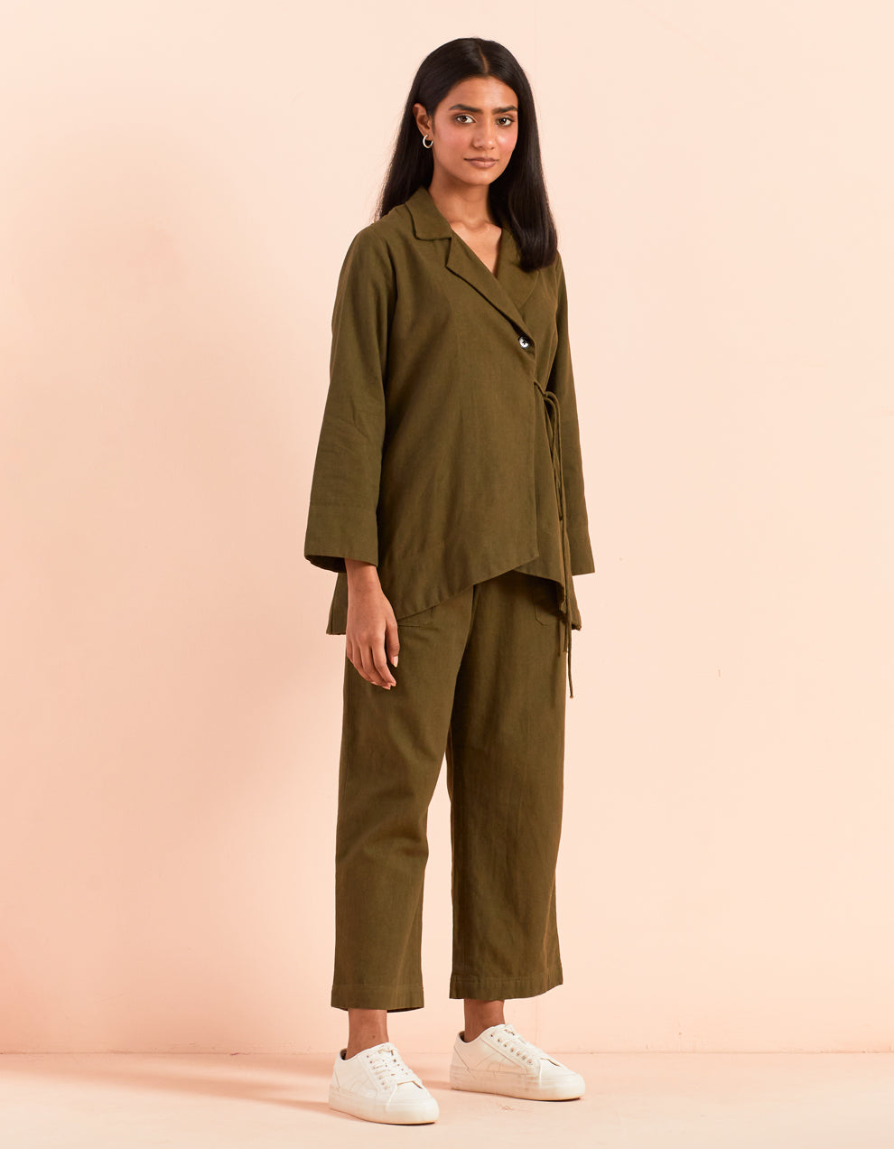 Olive twill cotton top with pants - Set of 2