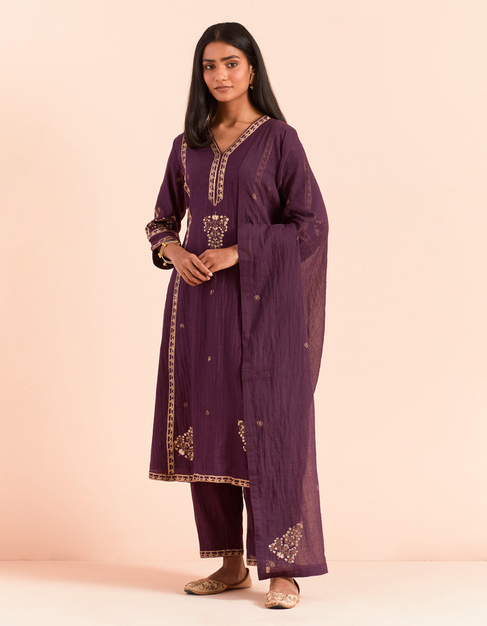 Purple block printed soft chanderi dupatta