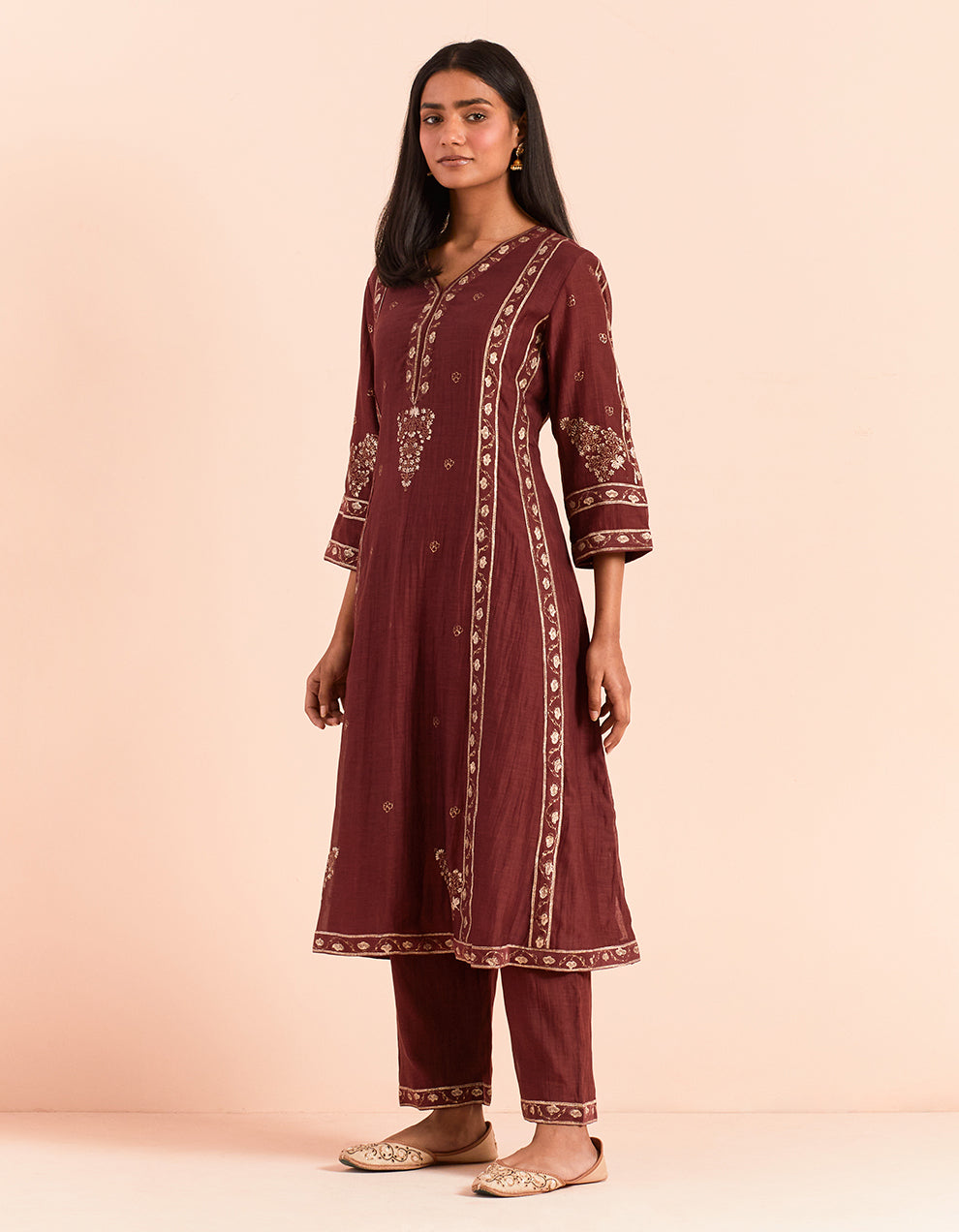 Red block printed soft chanderi kurta with pants and dupatta- Set of 3