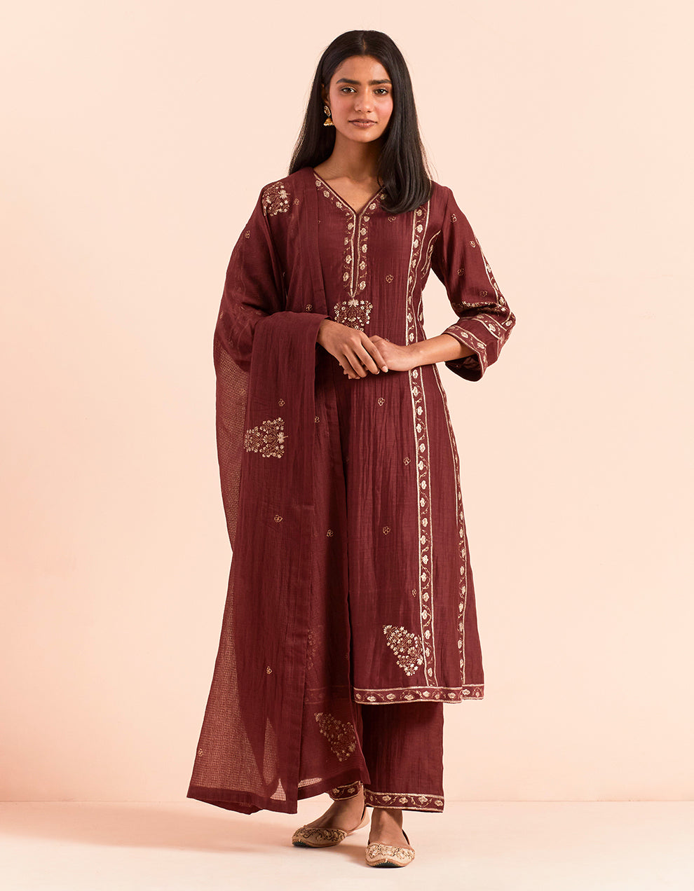Red block printed soft chanderi dupatta