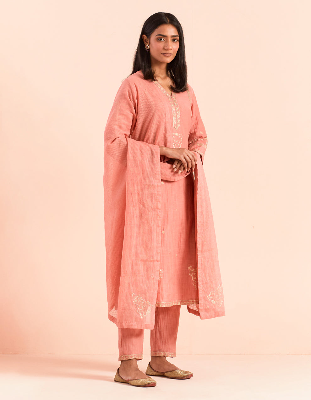 Peach block printed soft chanderi dupatta