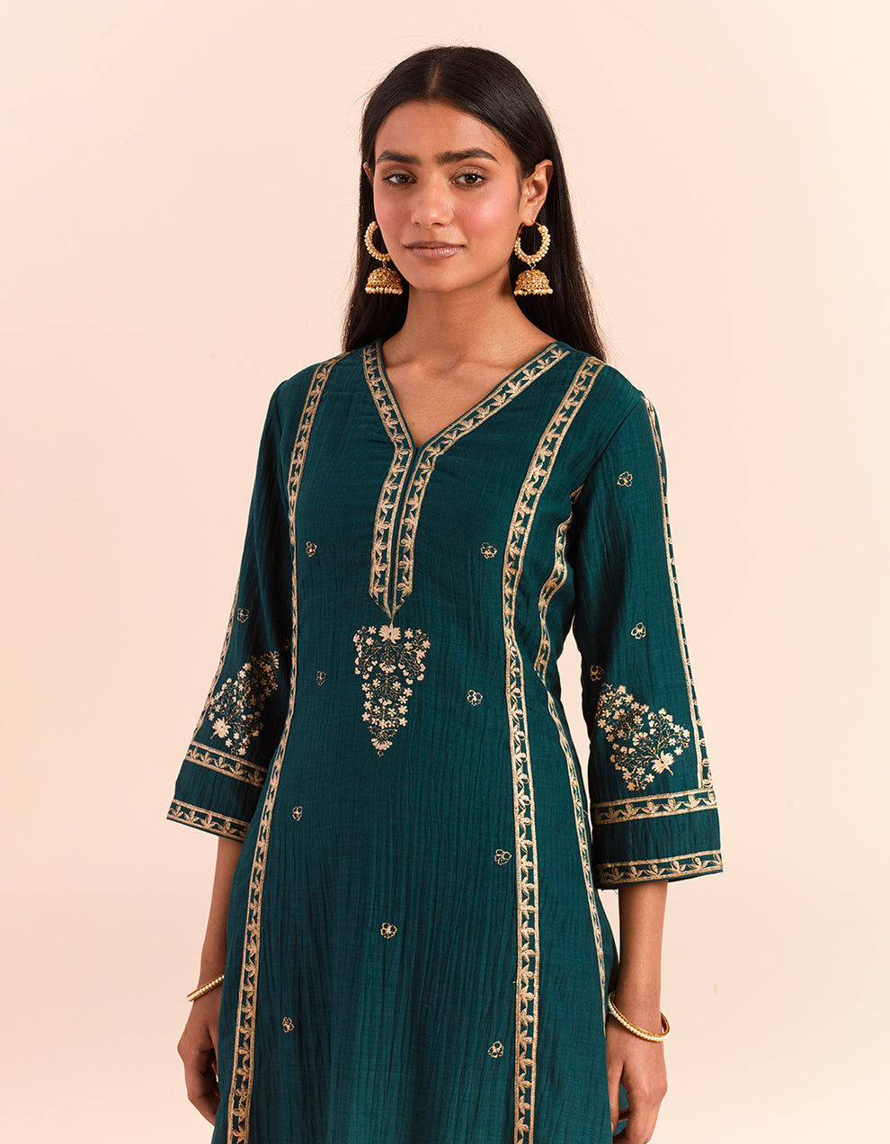 Green block printed soft chanderi kurta with pants and dupatta- Set of 3