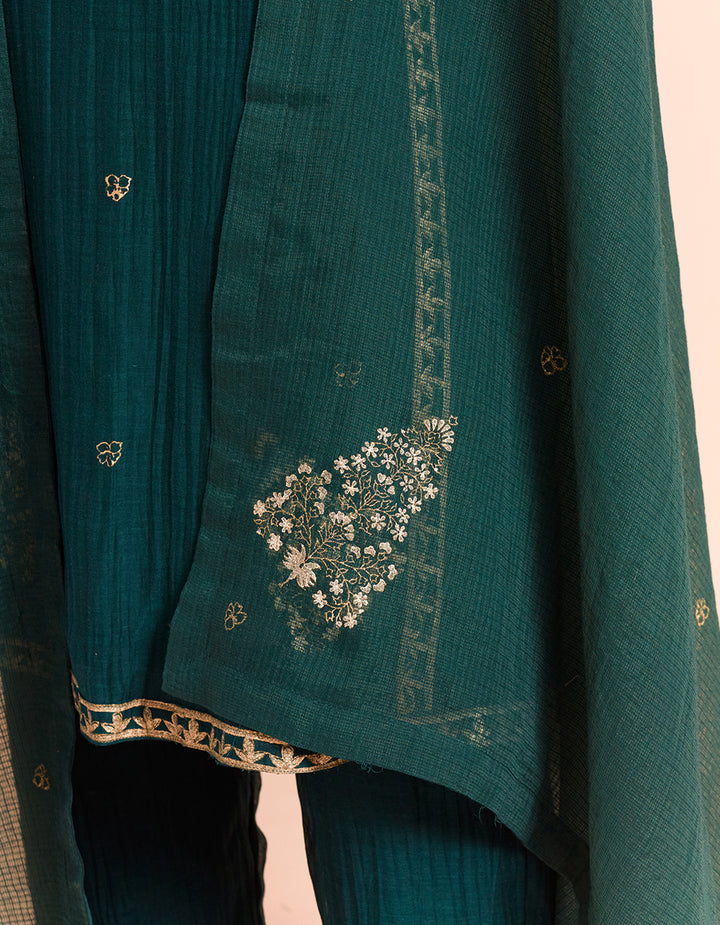 Green block printed soft chanderi kurta with pants and dupatta- Set of 3