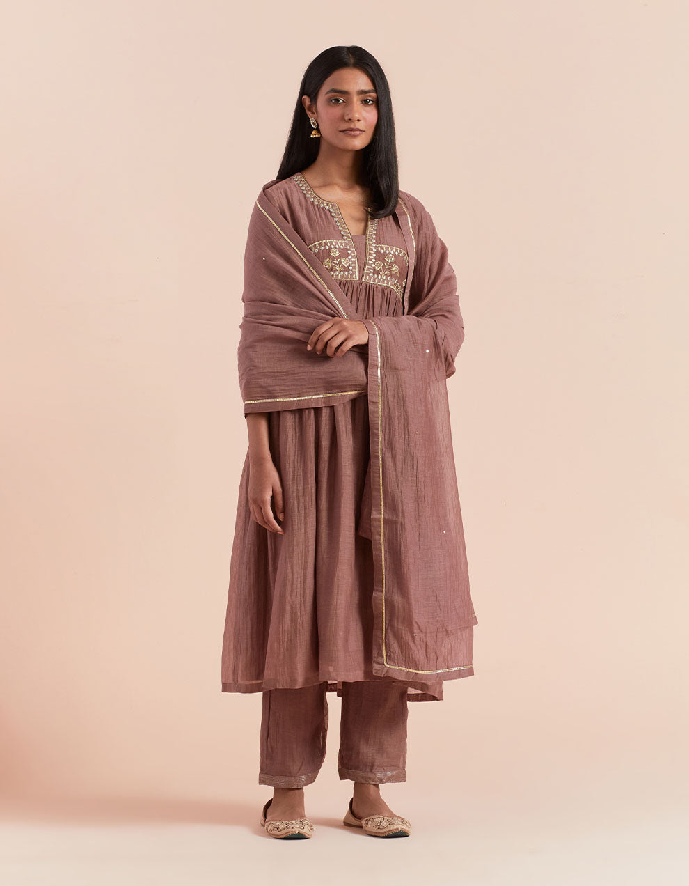 Brown embroidered soft chanderi kurta with pants and dupatta- Set of 3