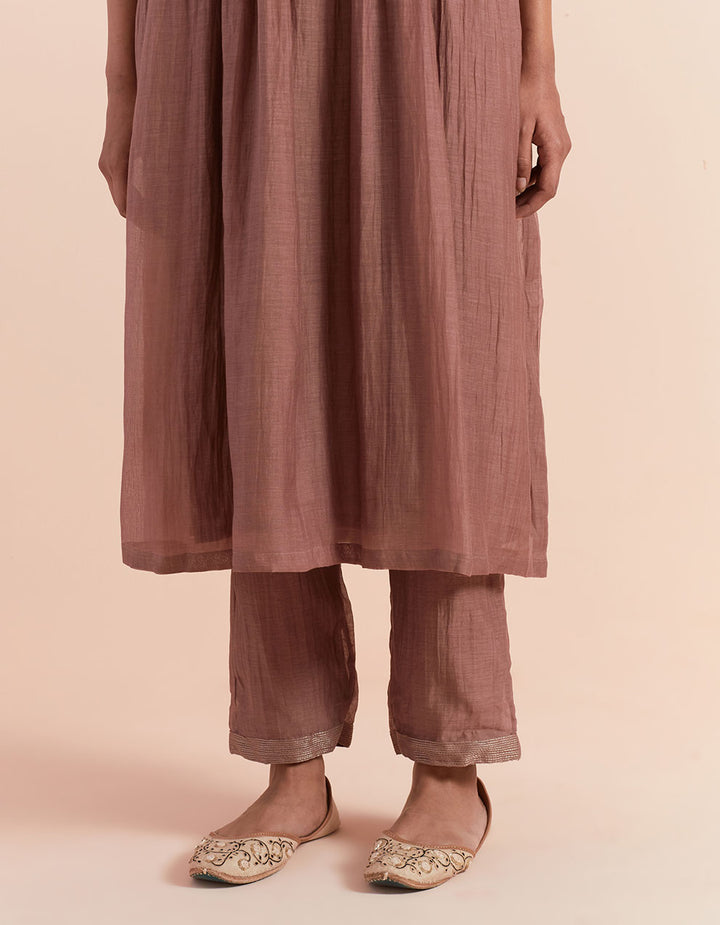 Brown embroidered soft chanderi kurta with pants and dupatta- Set of 3