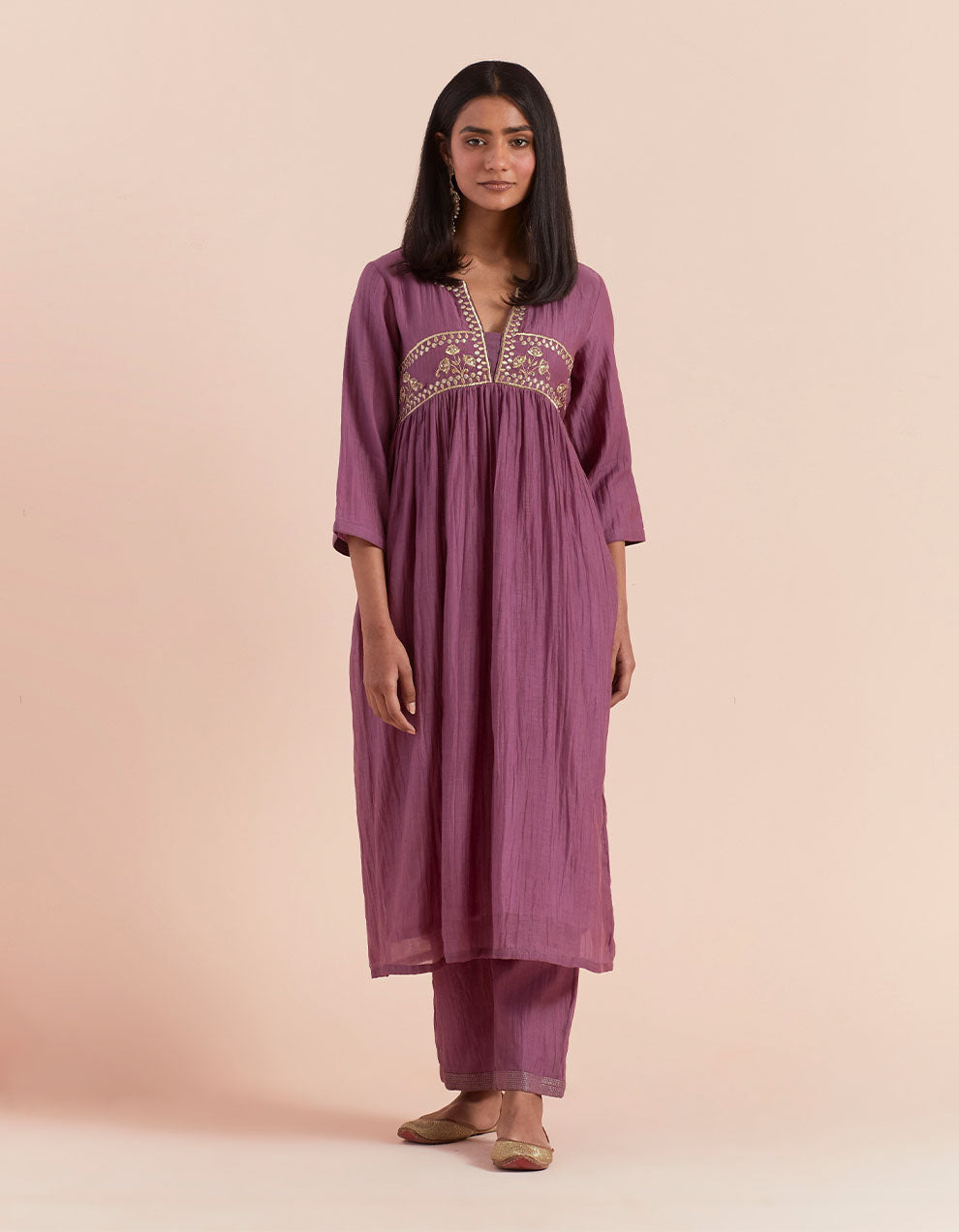 Purple embroidered soft chanderi kurta with pants and dupatta- Set of 3