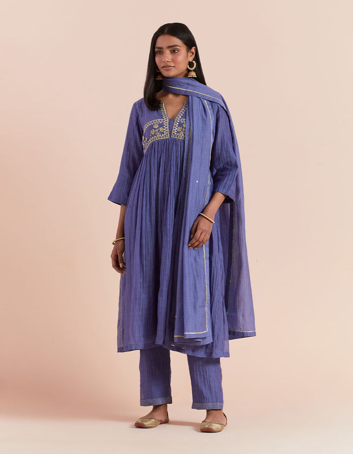 Blue embroidered soft chanderi kurta with pants and dupatta- Set of 3