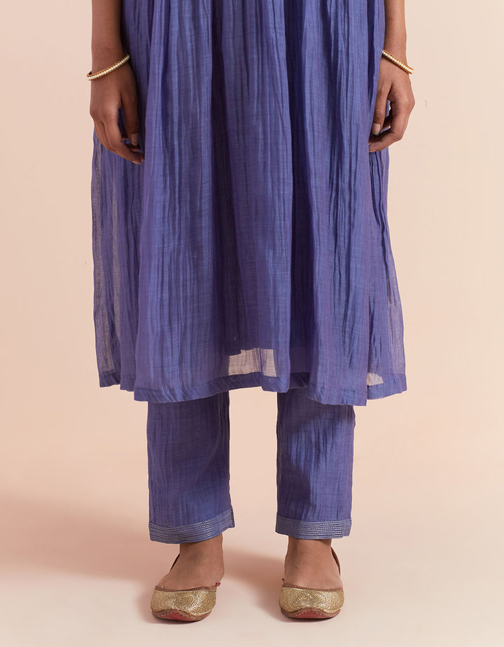 Blue embroidered soft chanderi kurta with pants and dupatta- Set of 3