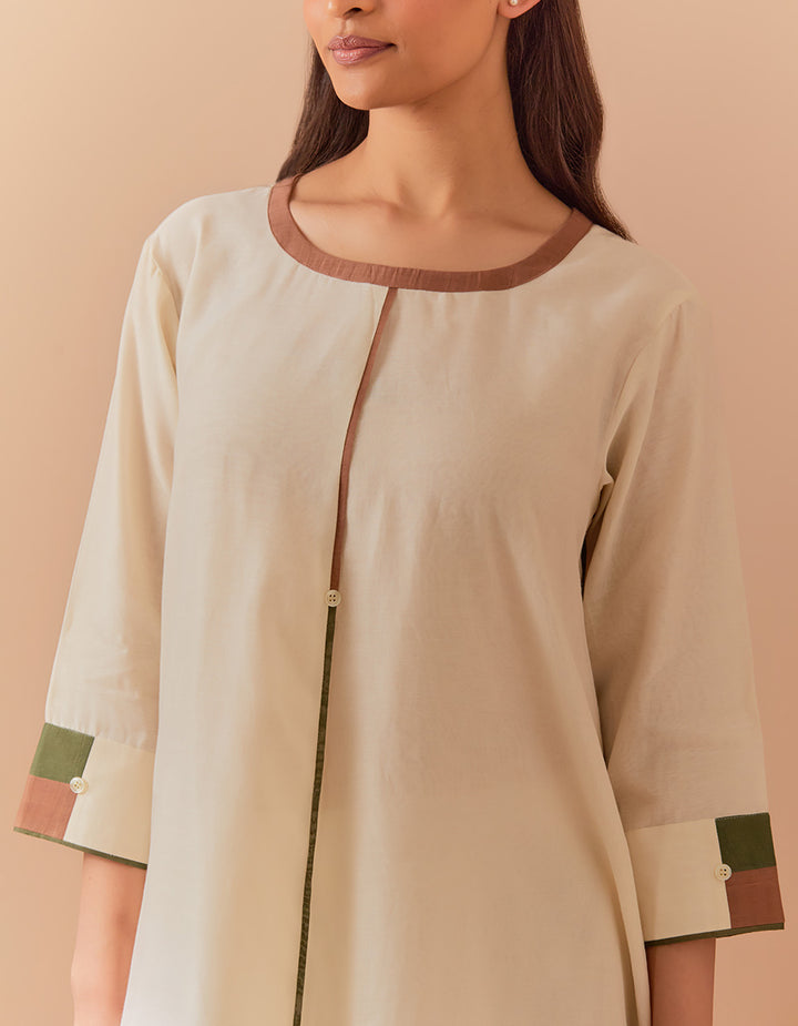 White-Brown soft chanderi kurta with pant and dupatta - Set of 3