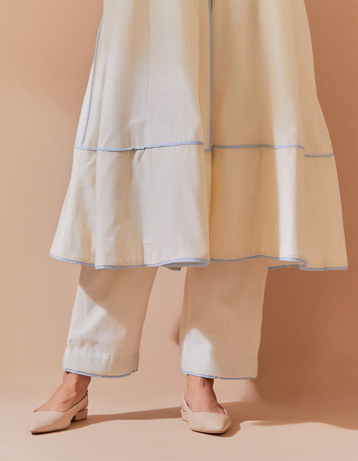 White-Blue soft chanderi kurta with pant and dupatta - Set of 3