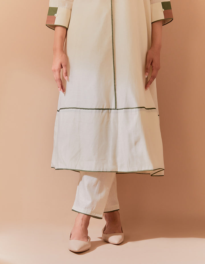 White-Brown soft chanderi kurta with pant and dupatta - Set of 3