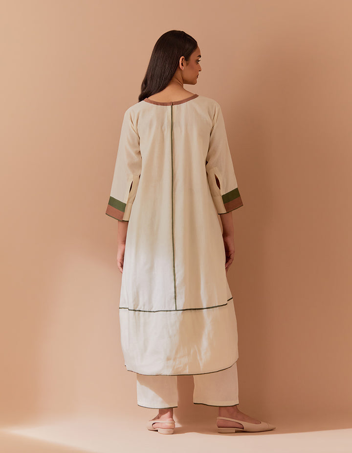 White-Brown soft chanderi kurta with pant and dupatta - Set of 3