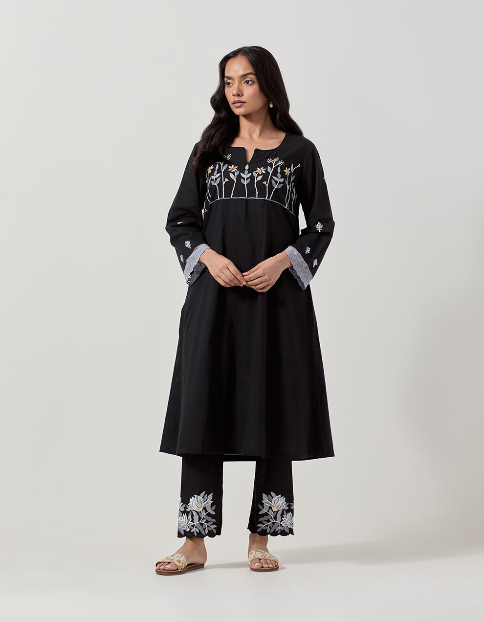 Black cotton kurta with pants - Set of 2