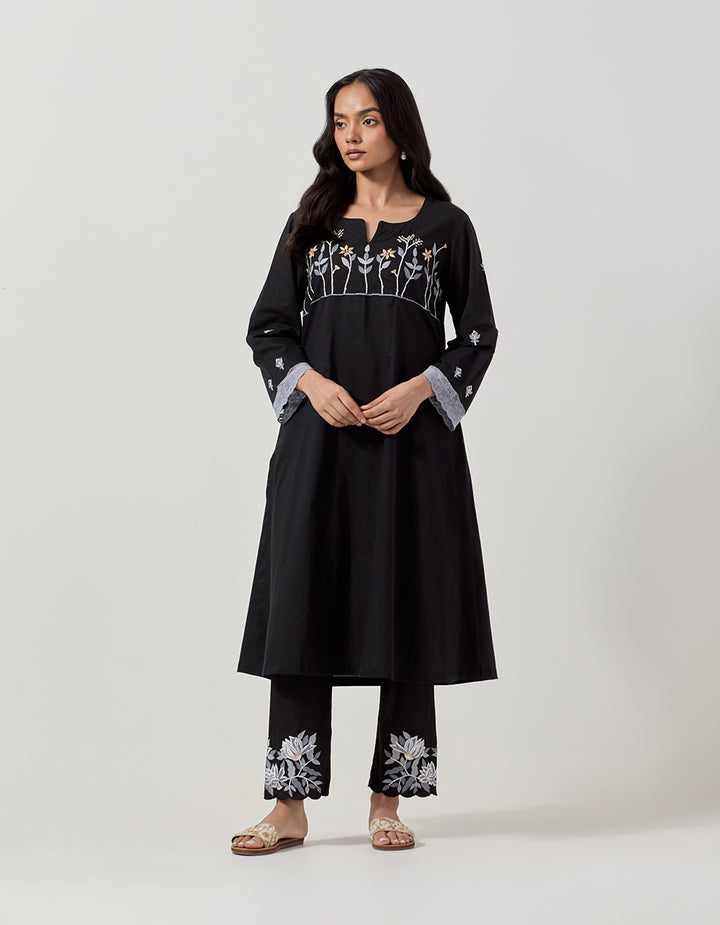 Black cotton kurta with pants - Set of 2
