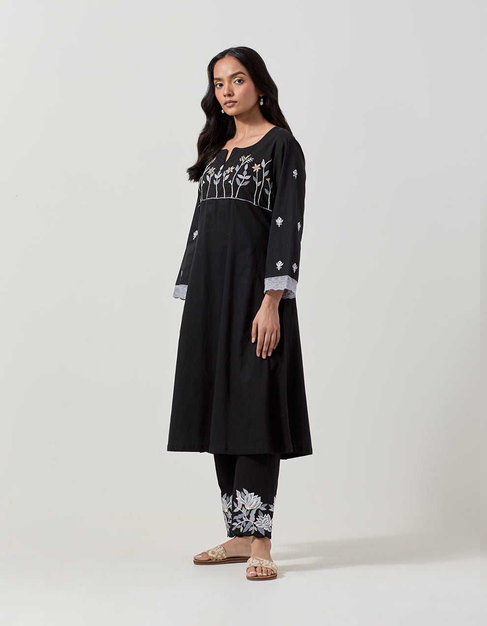 Black cotton kurta with pants - Set of 2