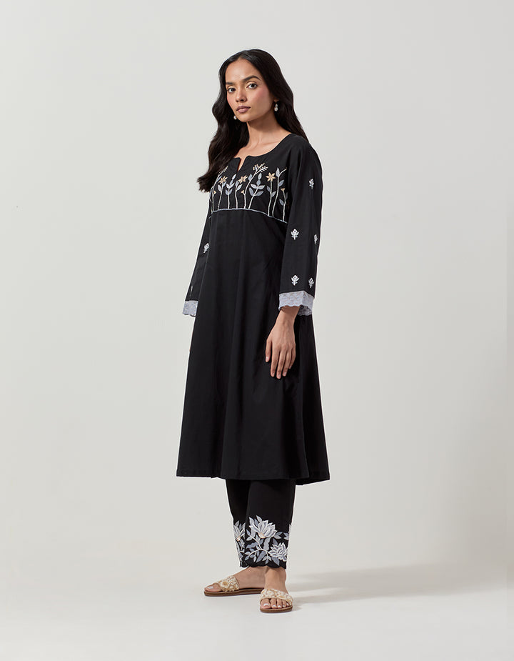 Black cotton kurta with pants - Set of 2