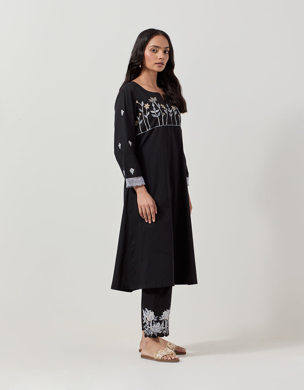 Black cotton kurta with pants - Set of 2