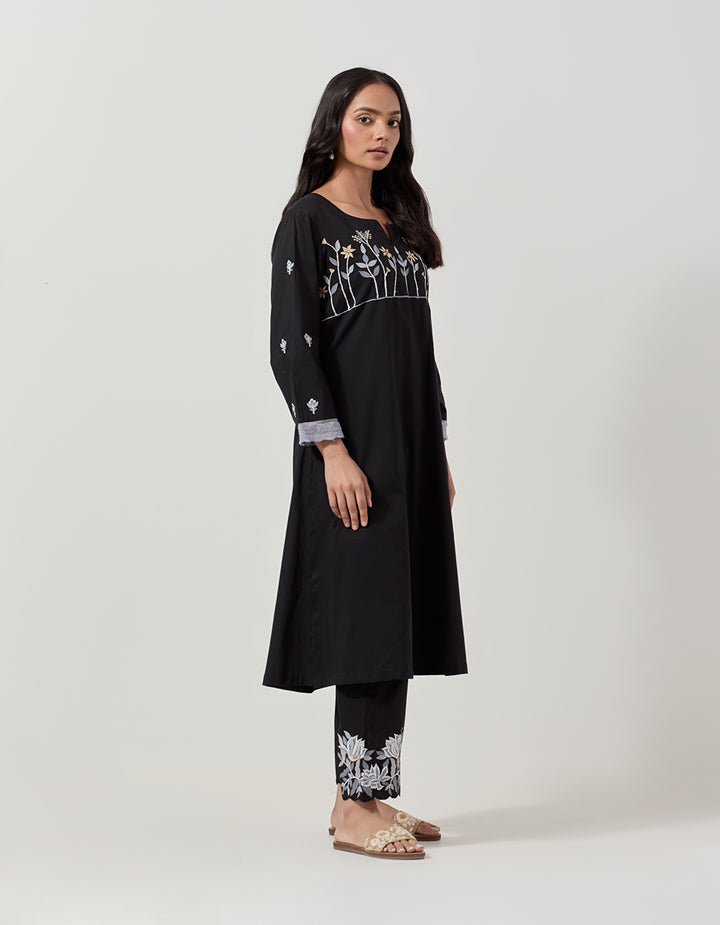 Black cotton kurta with pants - Set of 2