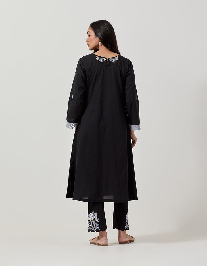 Black cotton kurta with pants - Set of 2