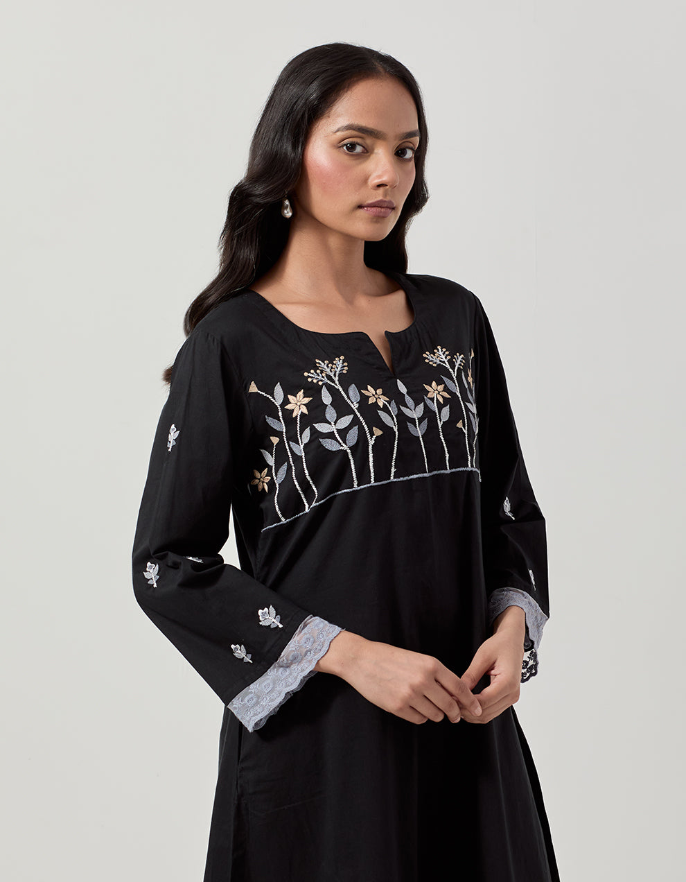 Black cotton kurta with pants - Set of 2