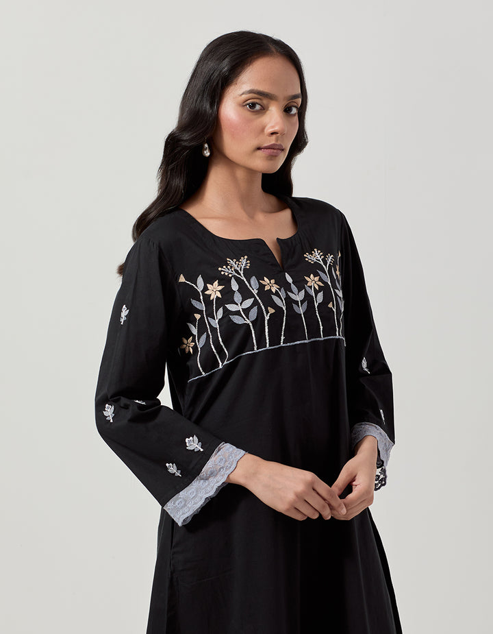 Black cotton kurta with pants - Set of 2