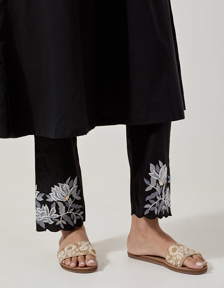 Black cotton kurta with pants - Set of 2