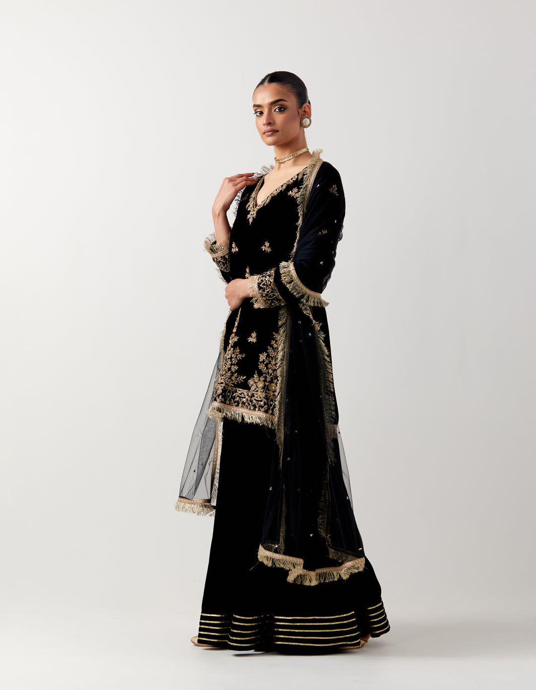 Black silk velvet kurta with gharara and net dupatta- Set of 3